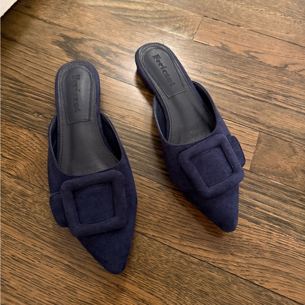 Navy Suede Pointed Buckle Mules